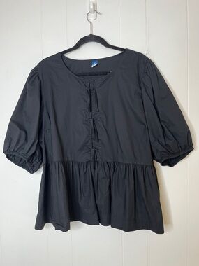 Old Navy Black Peplum Puff-Sleeve Top Tie Front Woven Cotton Size XXL